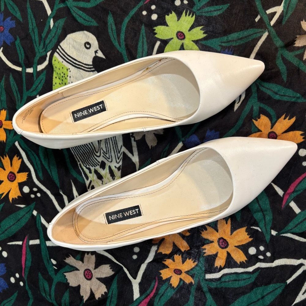 Nine West Fayth Leather Pointed Toe Flats - White - 5.5